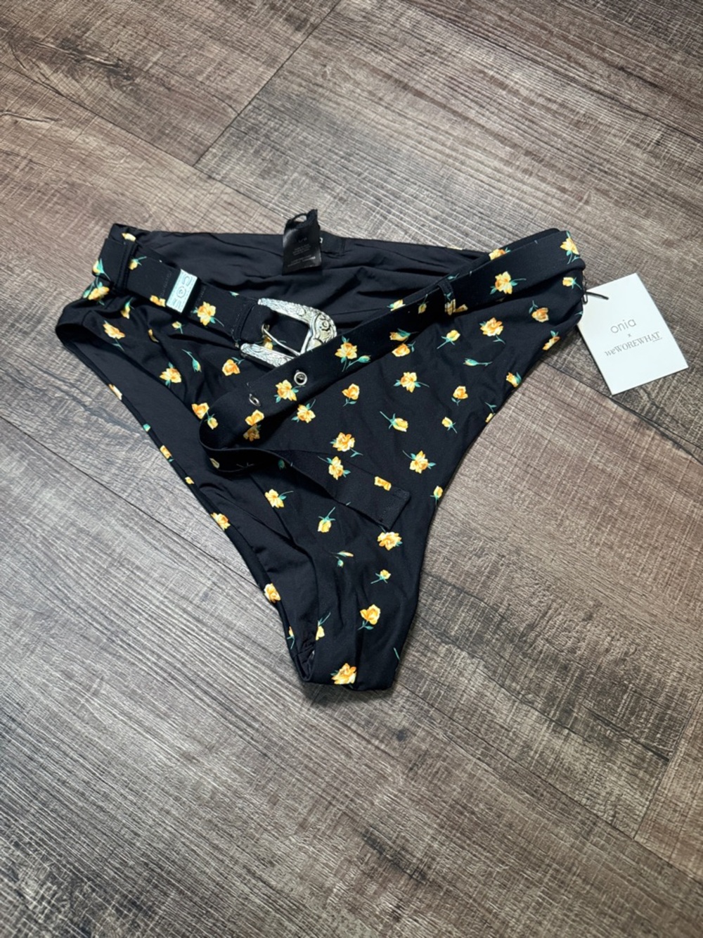 NWT Onia Black Bikini Bottom with Yellow Floral Print and Belt